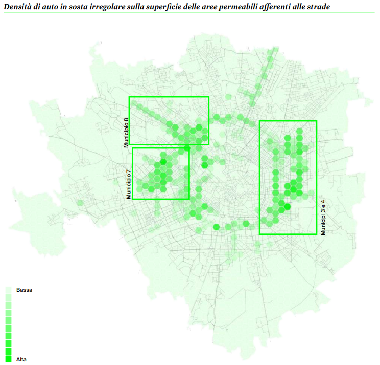 Density of illegally parked cars on the surface of permeable areas pertaining to streets.