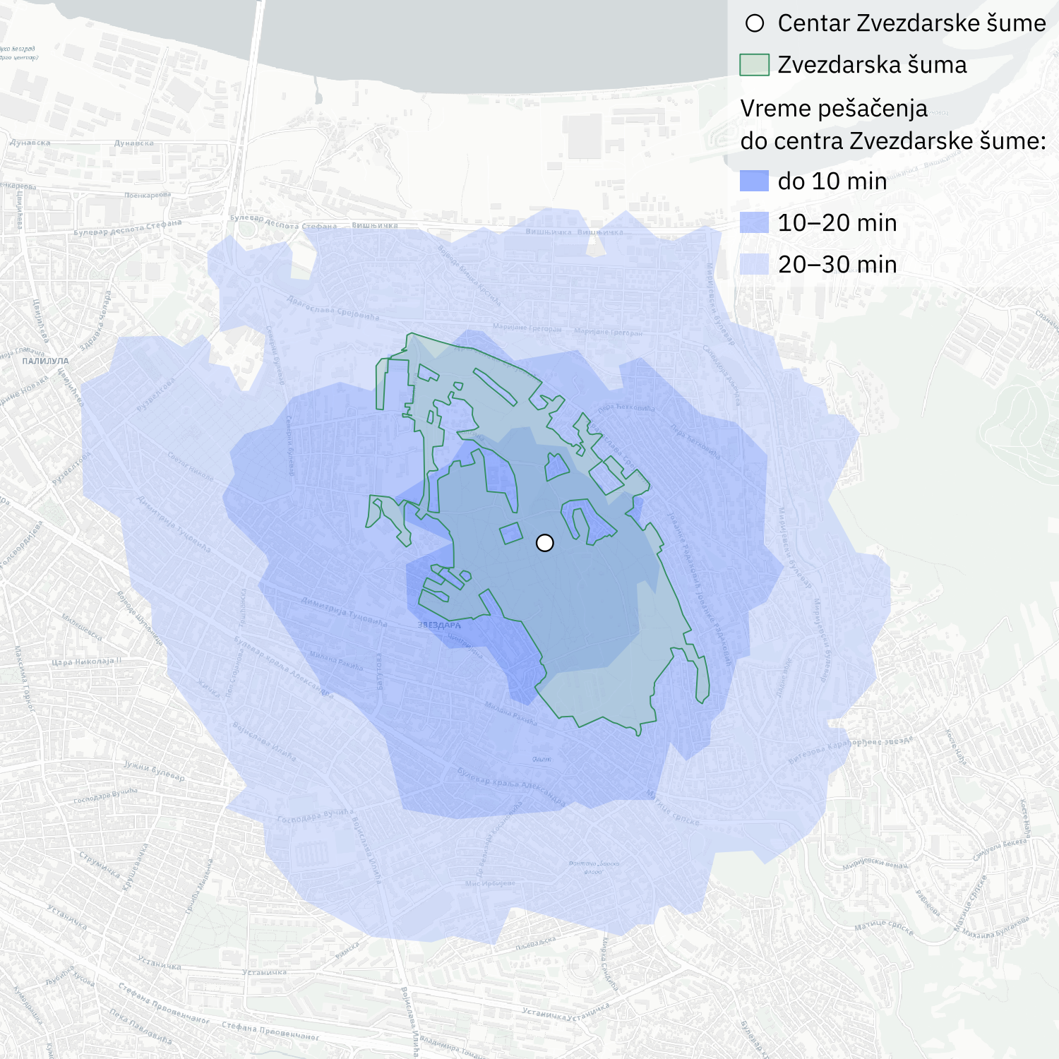 10-, 20- and 30-minute walking accessibility to the centre of Zvezdara Forest.