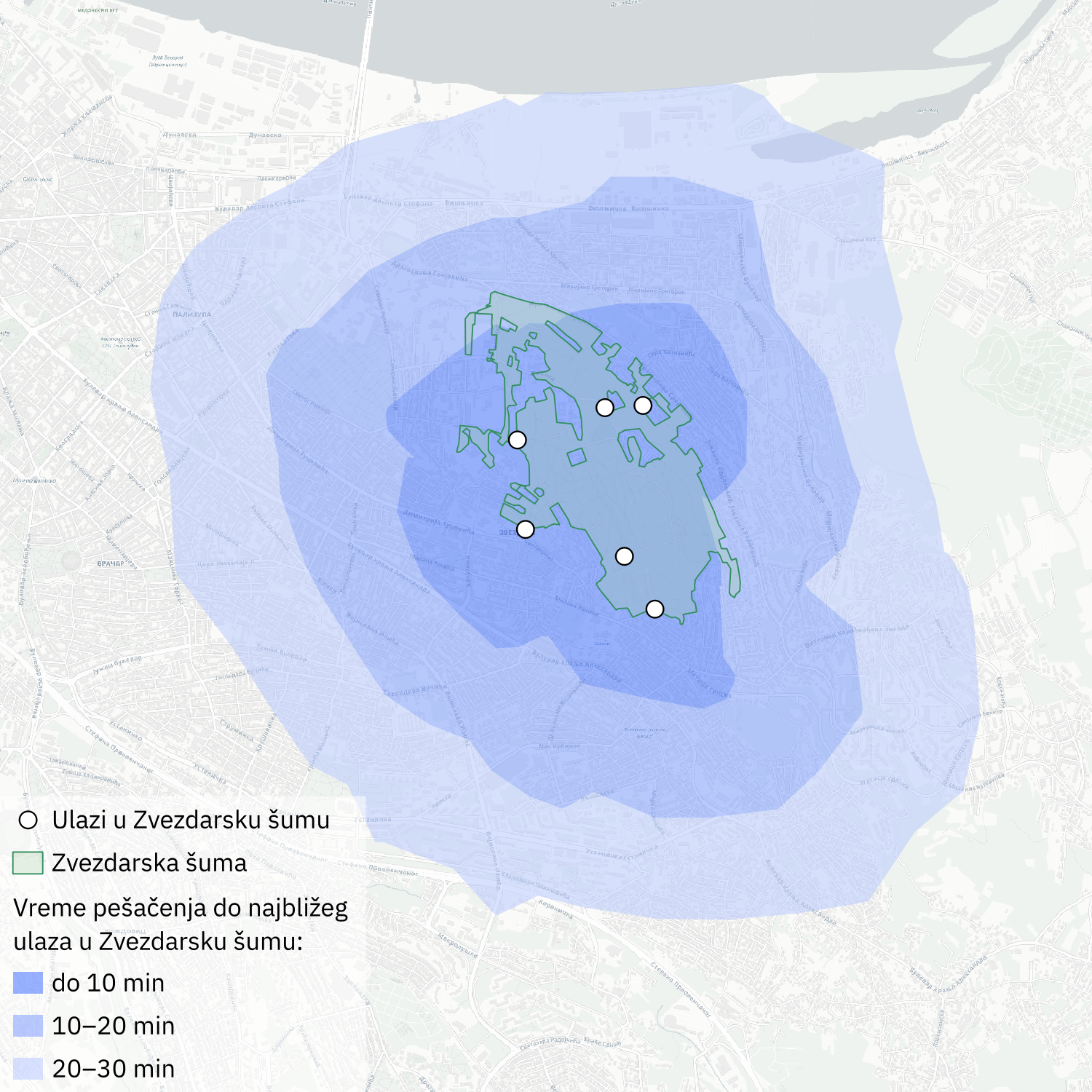 10-, 20- and 30-minute walking accessibility to the entrances of Zvezdara Forest.